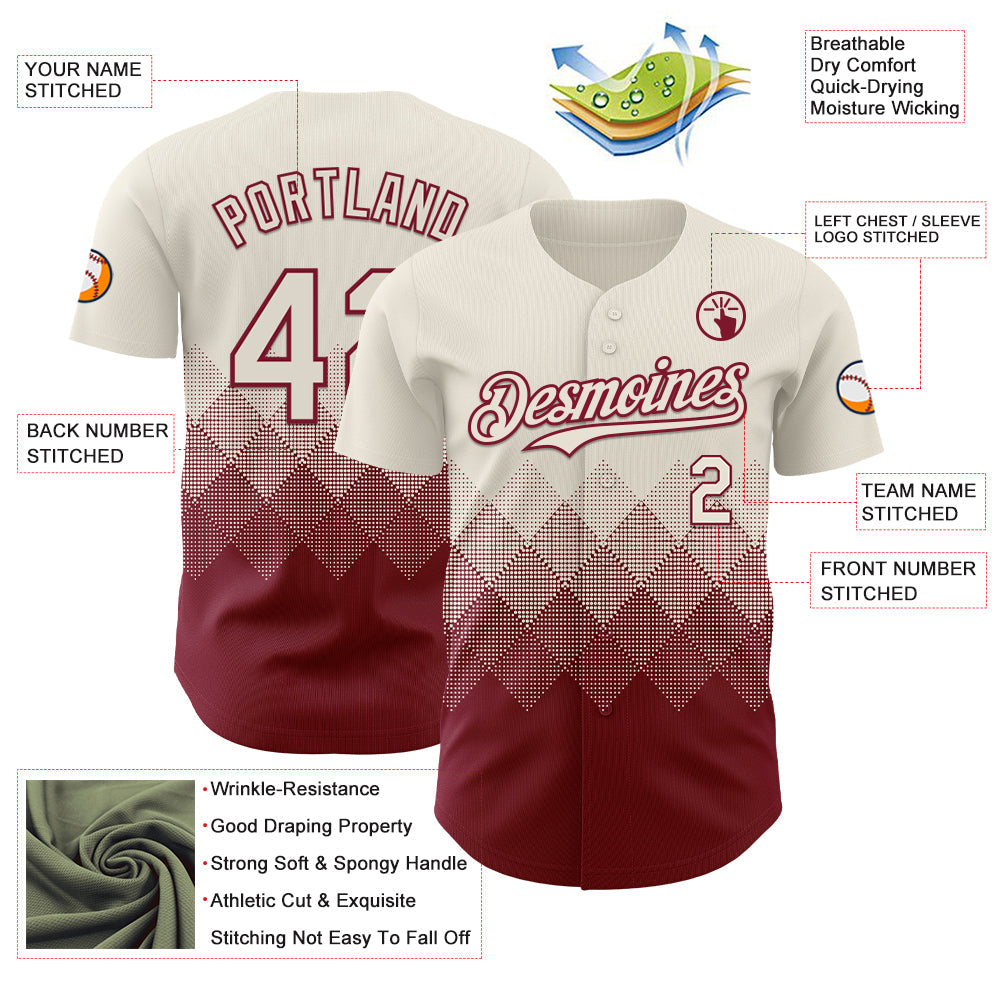 Custom Cream Crimson 3D Gradient Square Shape Authentic Baseball Jersey