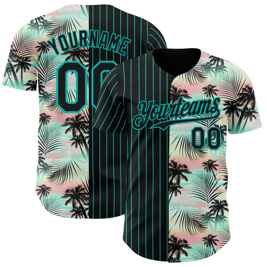 Custom Black Aqua 3D Pattern Design Pinstripe Tropical Palm Leaves Authentic Baseball Jersey