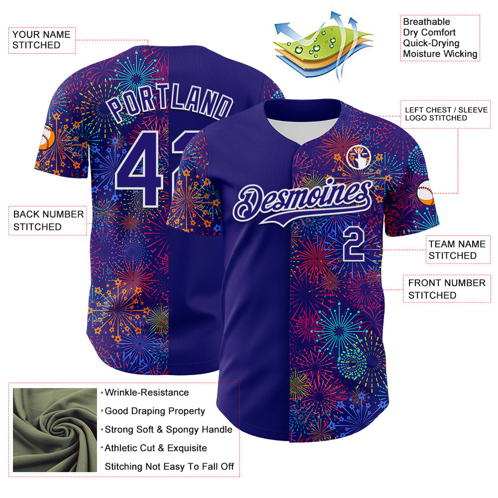 Custom Dark Purple White 3D Pattern Design Patriotic American Spirit Firework Authentic Baseball Jersey