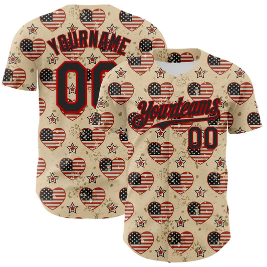 Custom City Cream Black-Red 3D Patriotic American Flag Authentic Baseball Jersey
