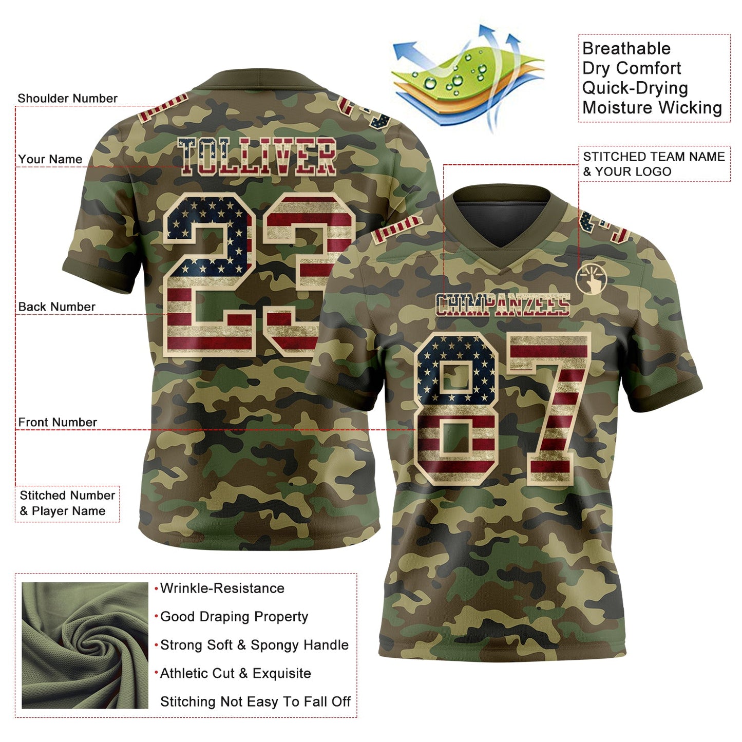 Custom Camo Vintage USA Flag Cream-Olive 3D Pattern Salute To Service Authentic Football Jersey