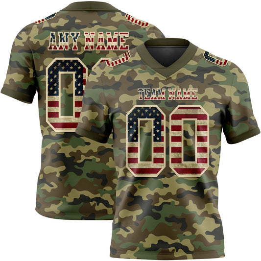 Custom Camo Vintage USA Flag Cream-Olive 3D Pattern Salute To Service Authentic Football Jersey