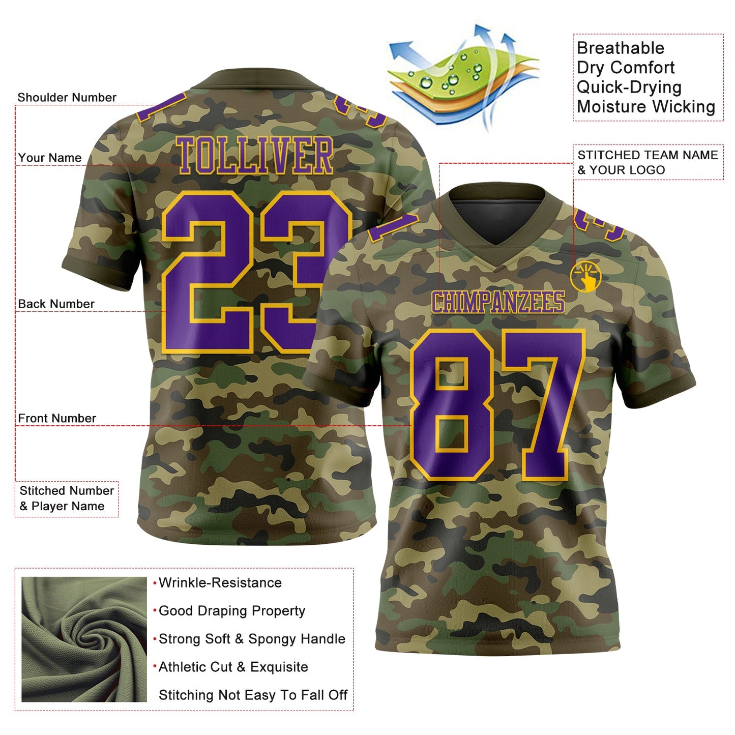 Custom Camo Purple-Yellow 3D Pattern Salute To Service Authentic Football Jersey