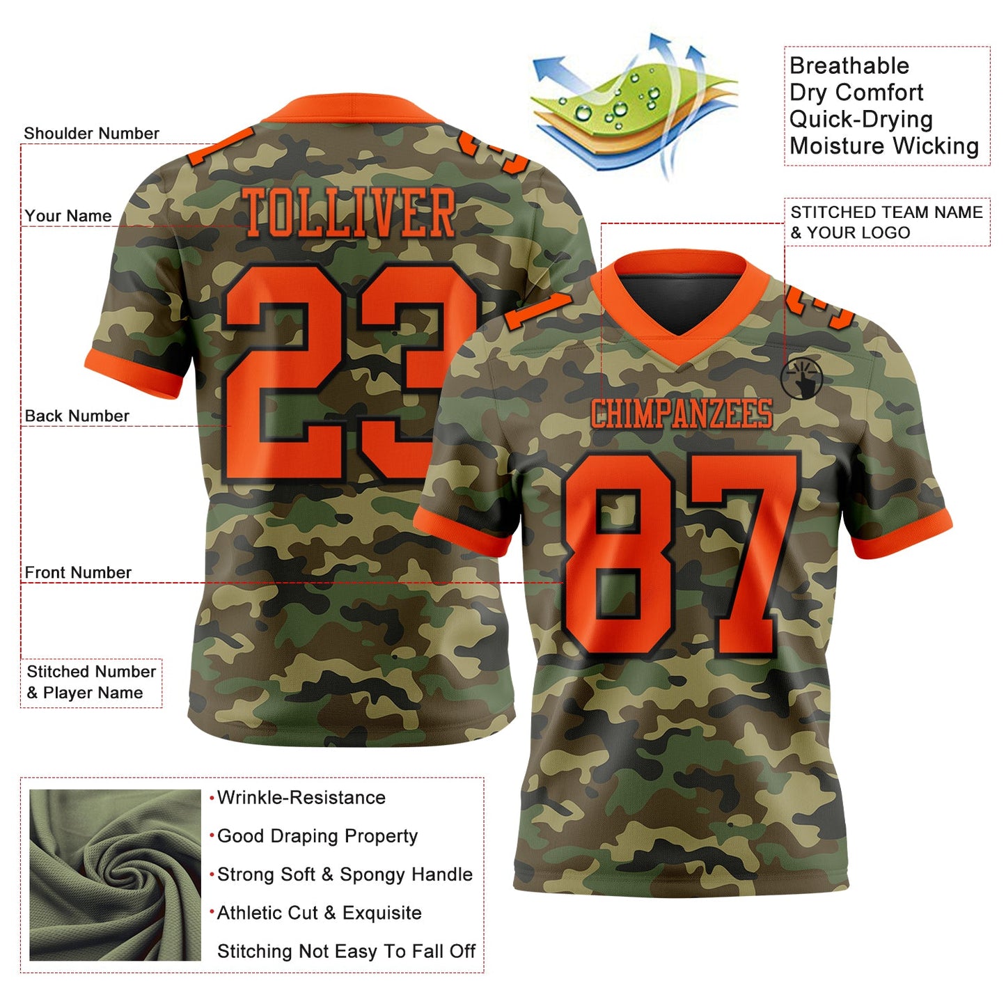 Custom Camo Orange-Black 3D Pattern Salute To Service Authentic Football Jersey
