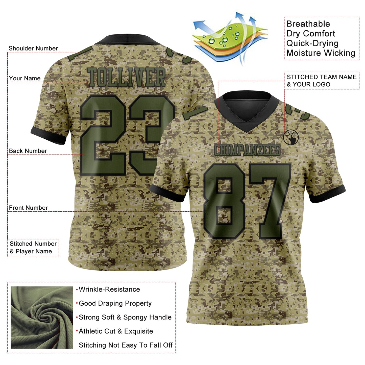 Custom Camo Olive-Black 3D Pattern Salute To Service Authentic Football Jersey