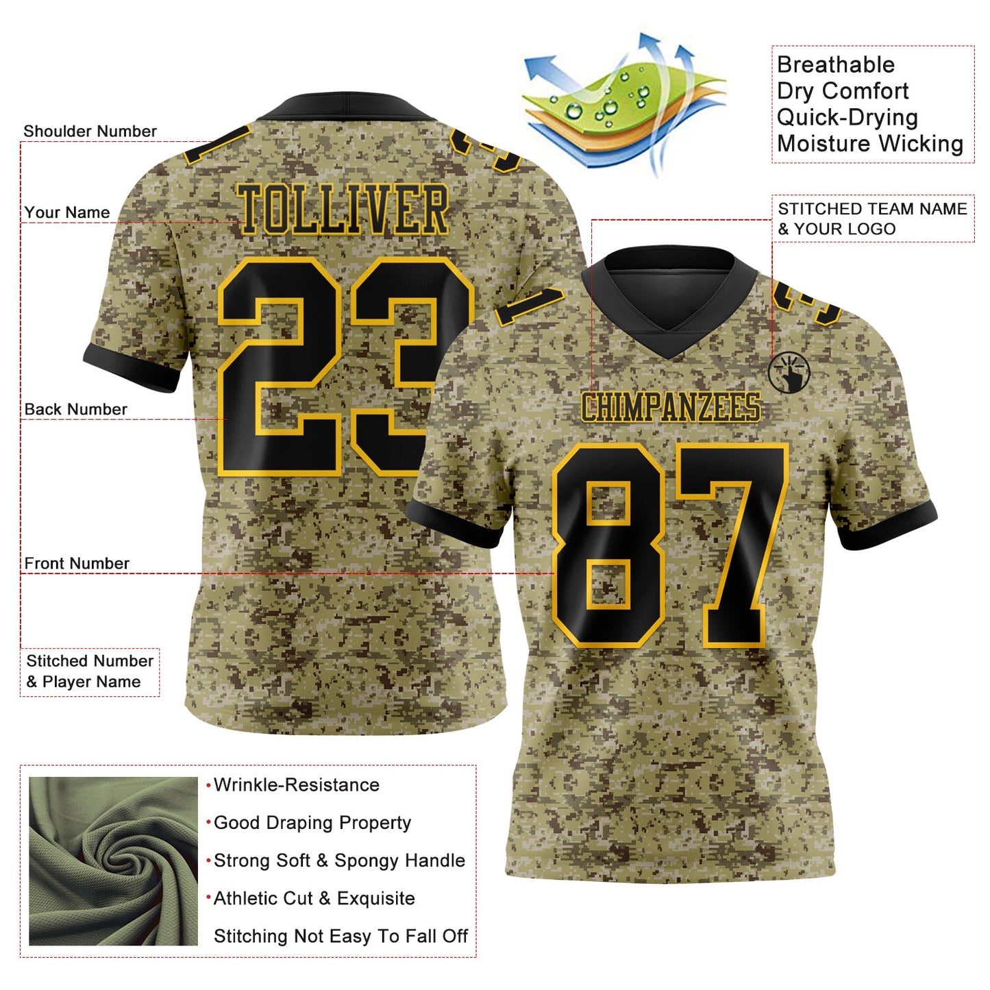 Custom Camo Black-Yellow 3D Pattern Salute To Service Authentic Football Jersey