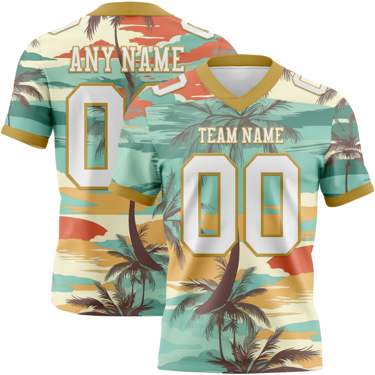 Custom Aqua White-Old Gold 3D Pattern Tropical Hawaii Palm Trees Authentic Football Jersey