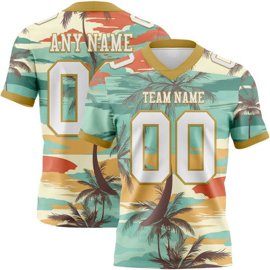 Custom Aqua White-Old Gold 3D Pattern Tropical Hawaii Palm Trees Authentic Football Jersey