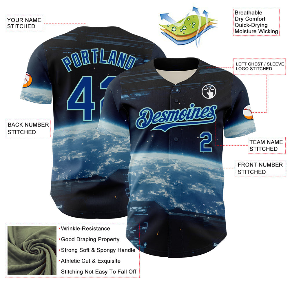 Custom Black Royal-Ice Blue 3D Pattern Design Outer Space Starships Authentic Baseball Jersey