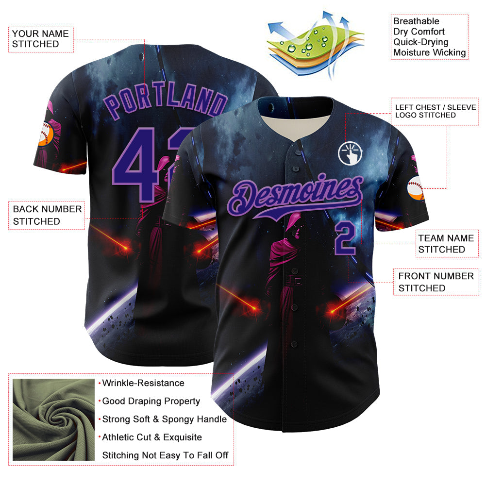 Custom Black Dark Purple-Medium Purple 3D Pattern Design Outer Space Light Swords Authentic Baseball Jersey