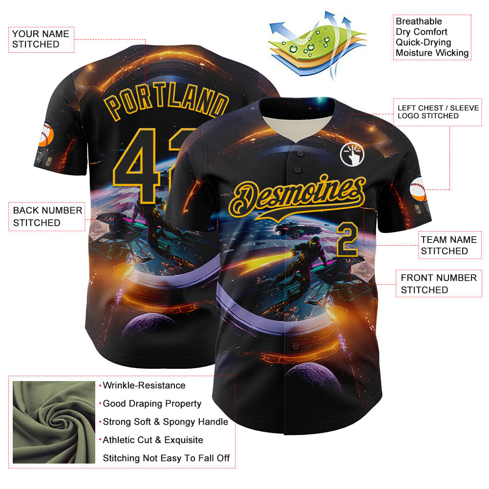 Custom Black Gold 3D Pattern Design Outer Space Light Swords Starships Authentic Baseball Jersey