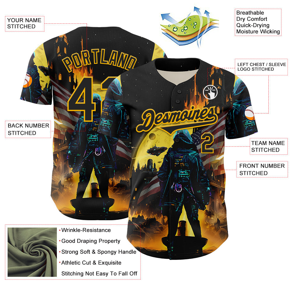 Custom Black Gold 3D Pattern Design Outer Space Starships American Flag Authentic Baseball Jersey