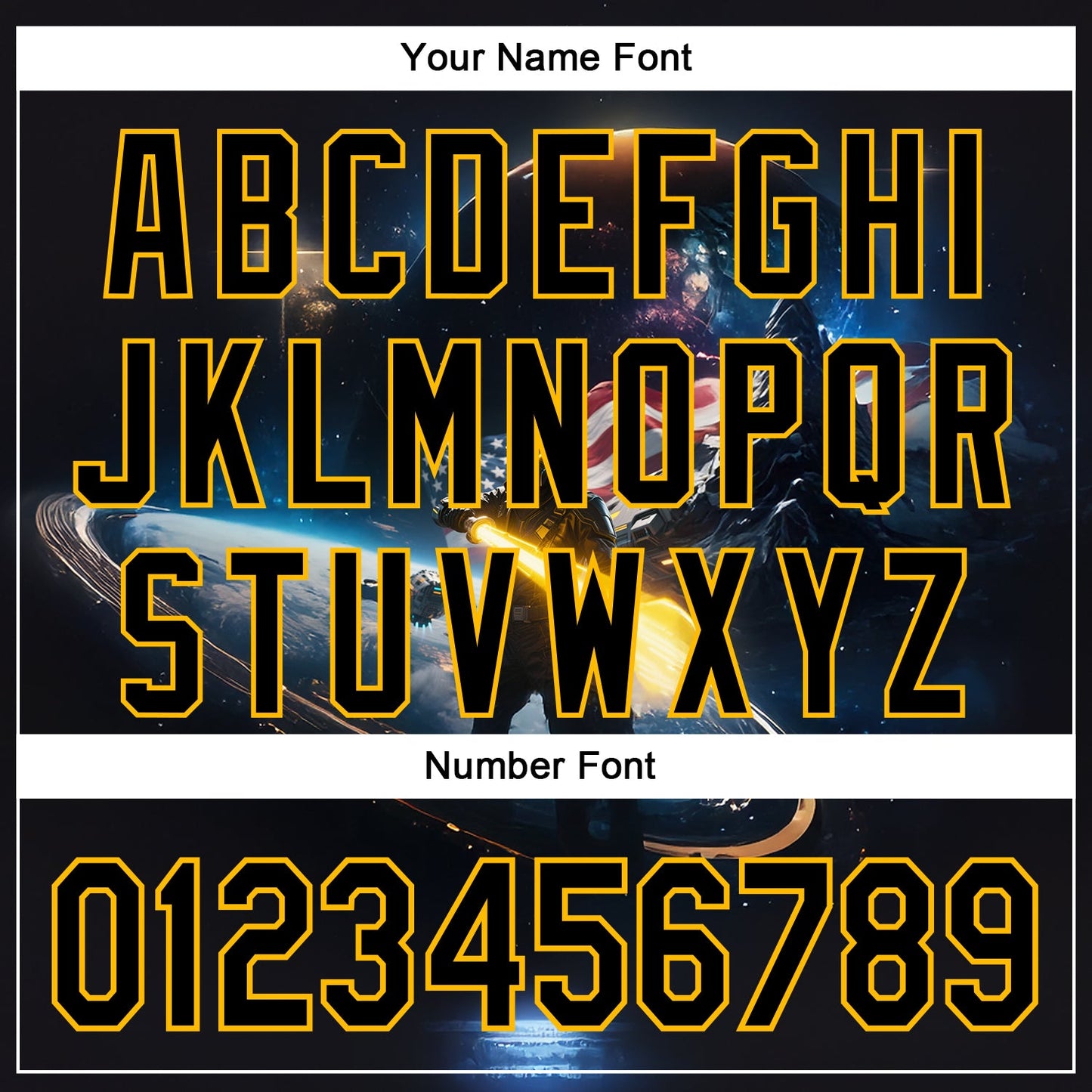 Custom Black Gold 3D Pattern Design Outer Space Light Swords American Flag Authentic Baseball Jersey