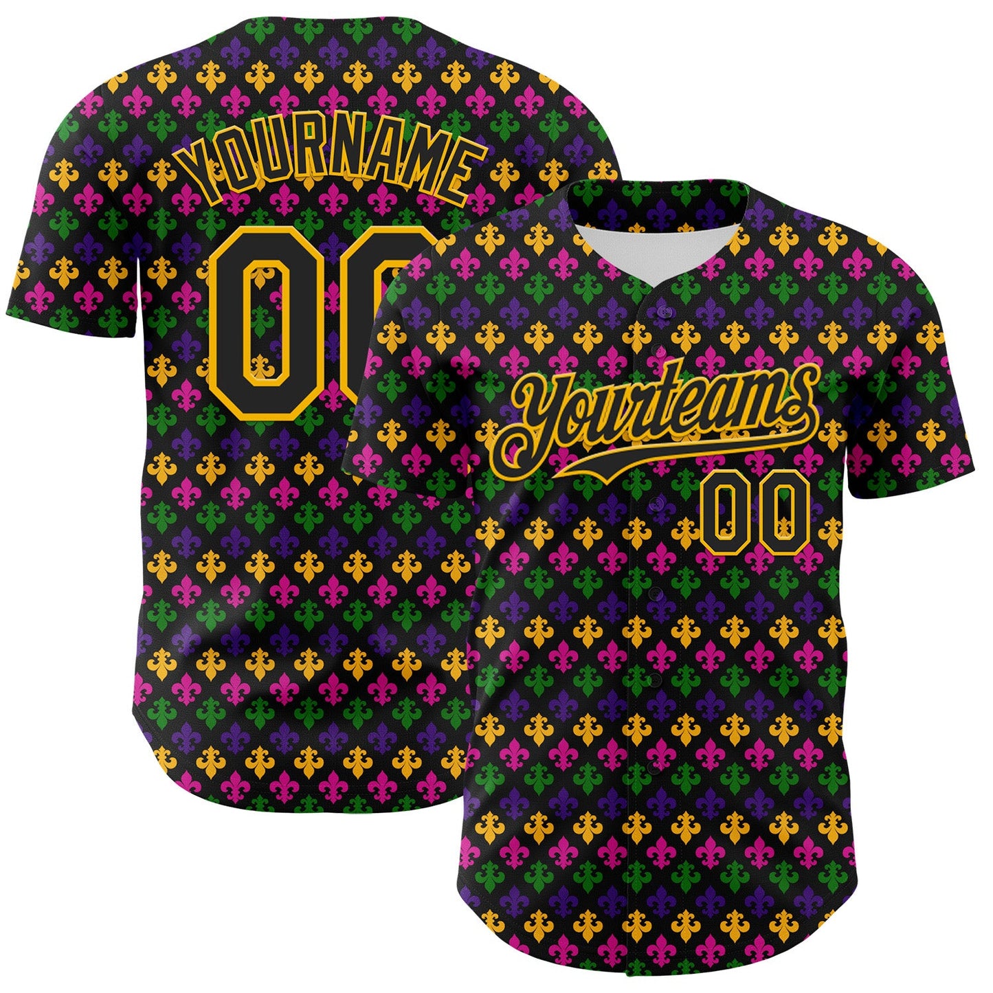 Custom Black Gold 3D Pattern Design Mardi Gras Shrove Tuesday Authentic Baseball Jersey