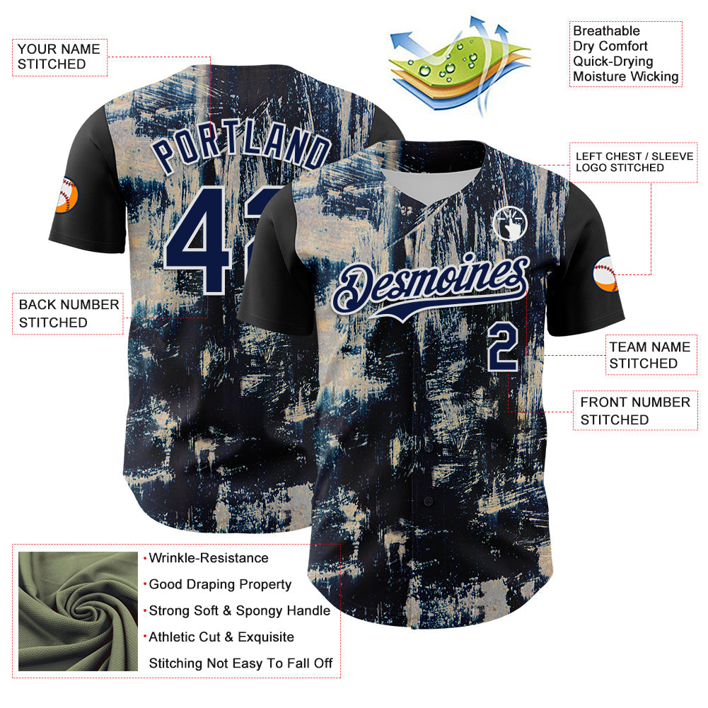 Custom Black Navy-White 3D Pattern Design Burner Costumes Grungy Authentic Baseball Jersey