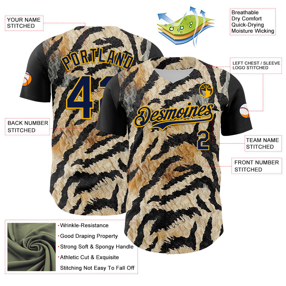 Custom Black Navy-Gold 3D Pattern Design Burner Costumes Tiger Print Authentic Baseball Jersey