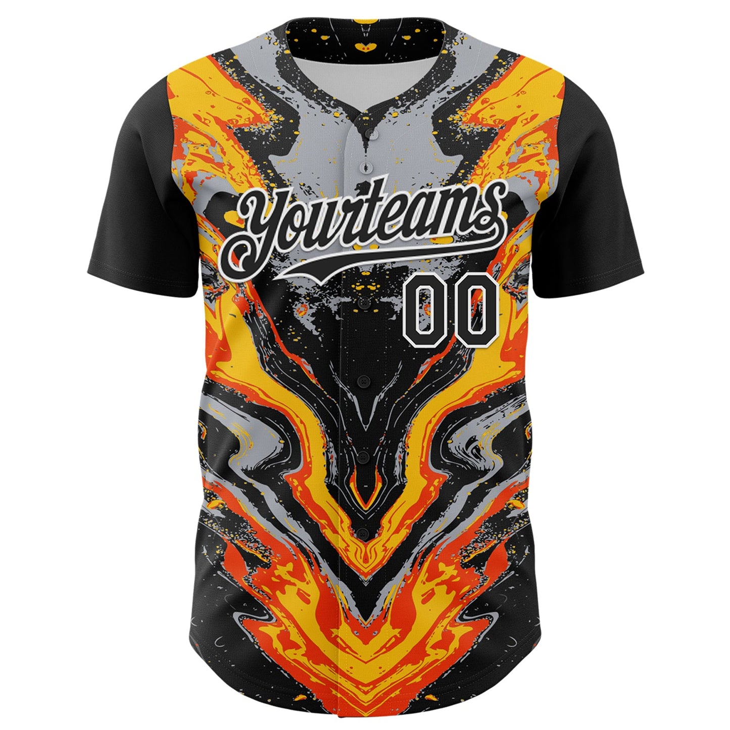 Custom Black Gray Orange Yellow-White 3D Pattern Design Rave Party Marble Lava Authentic Baseball Jersey