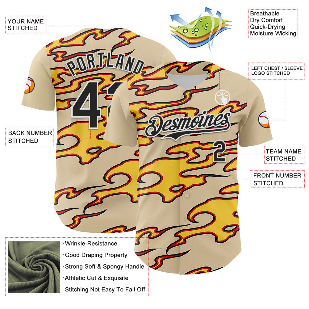 Custom City Cream Black-White 3D Pattern Design Rave Party Flame Authentic Baseball Jersey