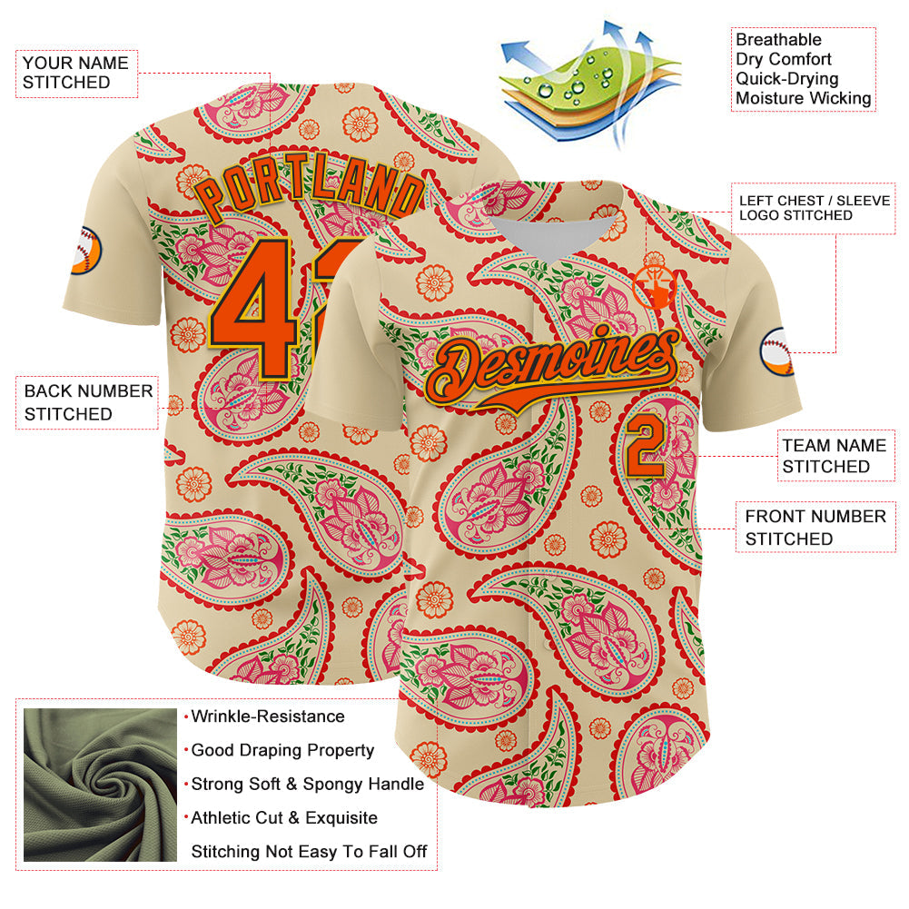 Custom Cream Orange Black-Yellow 3D Pattern Design Rave Party Paisley Bandana Authentic Baseball Jersey