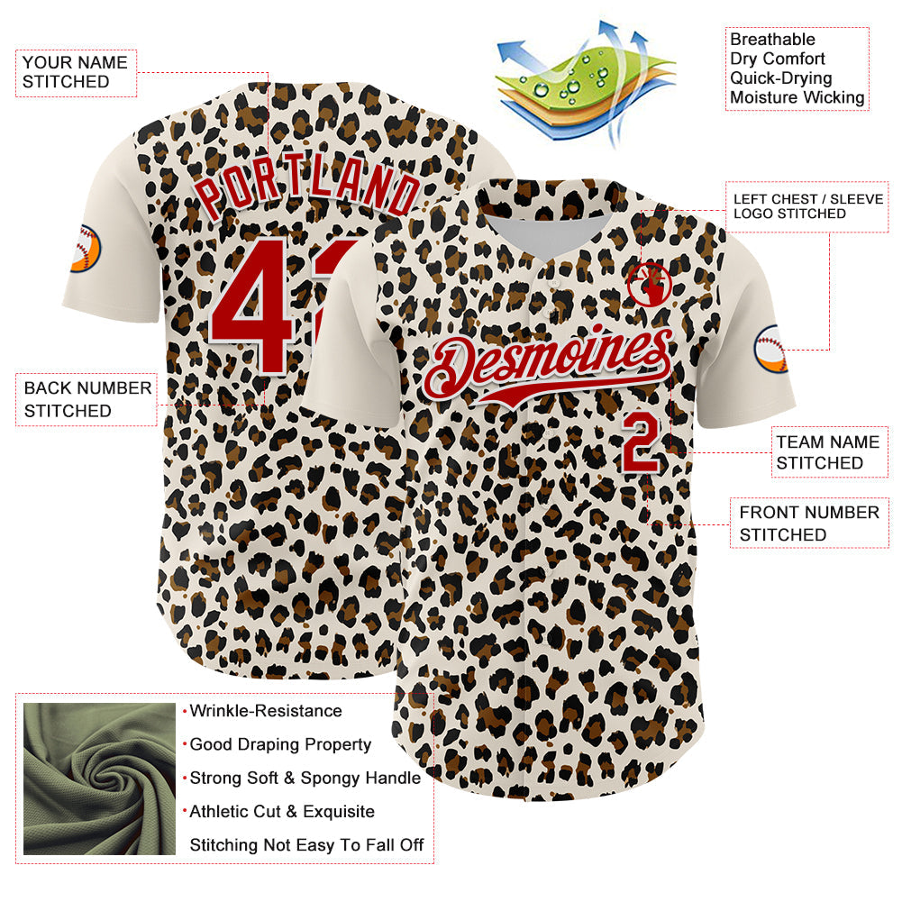 Custom Cream Red-White 3D Pattern Design Rave Party Animal Leopard Print Authentic Baseball Jersey