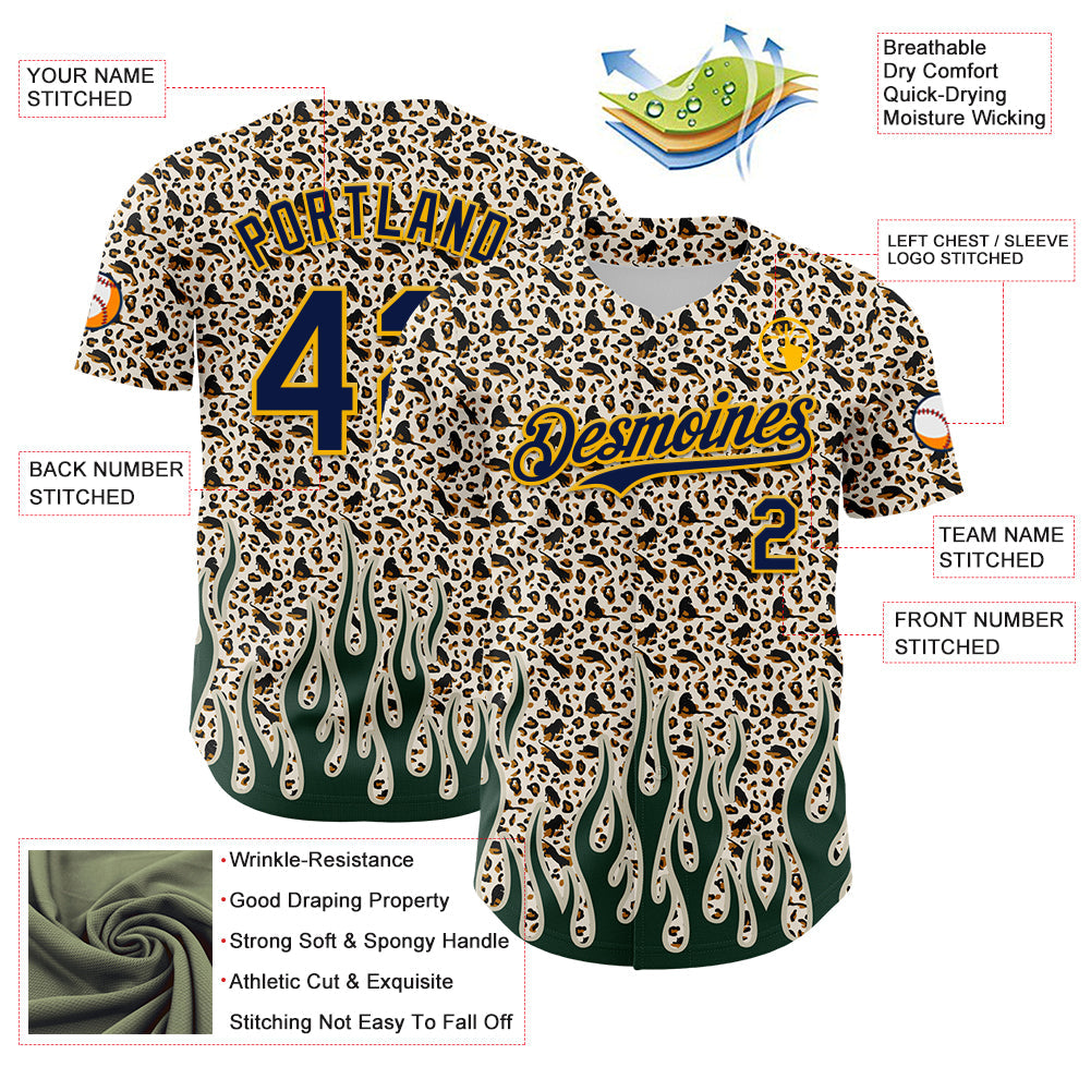 Custom Cream Navy-Gold 3D Pattern Design Rave Party Animal Leopard Print Authentic Baseball Jersey