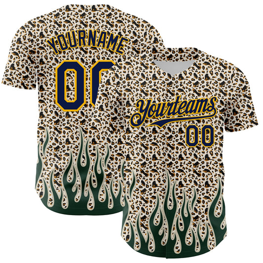 Custom Cream Navy-Gold 3D Pattern Design Rave Party Animal Leopard Print Authentic Baseball Jersey