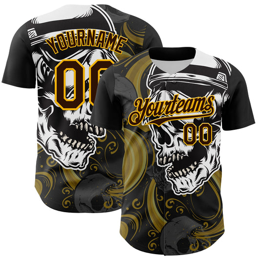 Custom Black Brown Yellow-White 3D Pattern Design Burner Costumes Skull Authentic Baseball Jersey