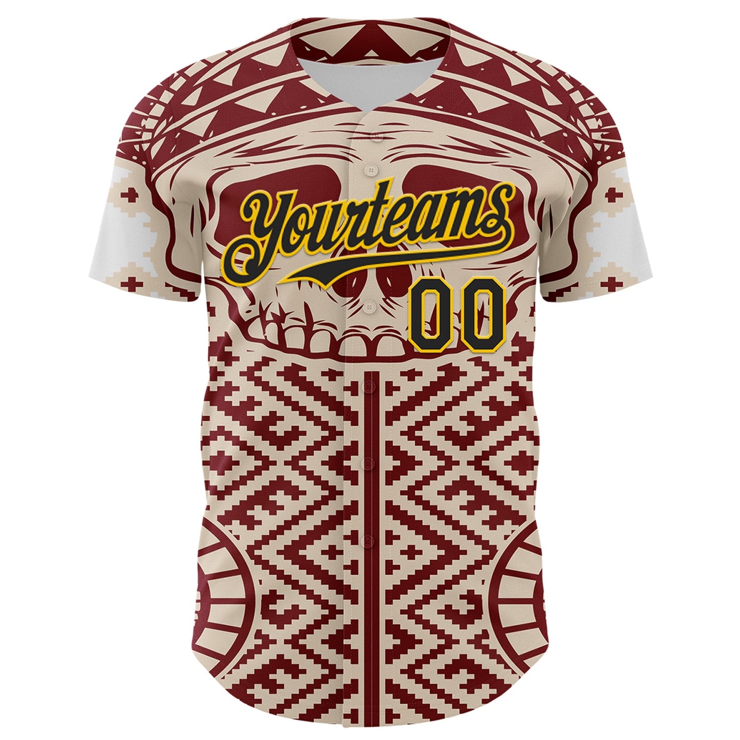 Custom Cream Black Red-Yellow 3D Pattern Design Burner Costumes Tribal Skull Authentic Baseball Jersey