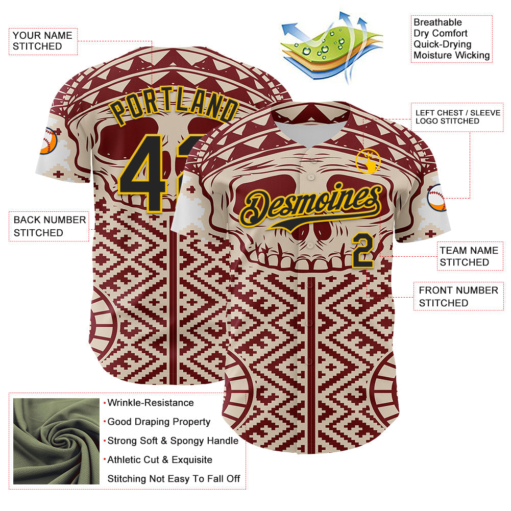 Custom Cream Black Red-Yellow 3D Pattern Design Burner Costumes Tribal Skull Authentic Baseball Jersey