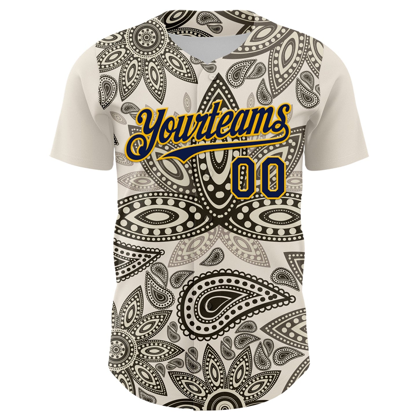 Custom Cream Navy-Yellow 3D Pattern Design Burner Costumes Paisley Bandana Authentic Baseball Jersey