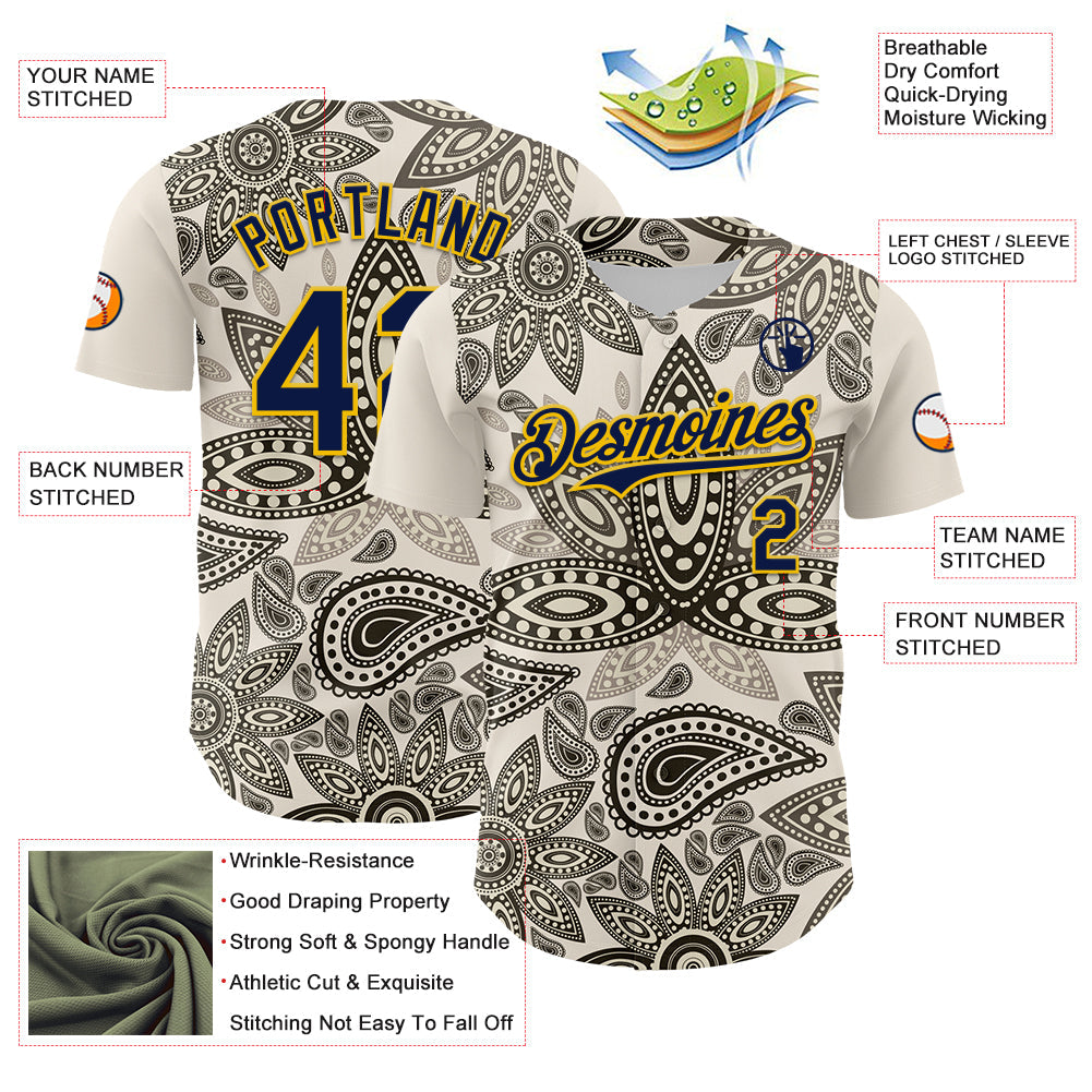 Custom Cream Navy-Yellow 3D Pattern Design Burner Costumes Paisley Bandana Authentic Baseball Jersey