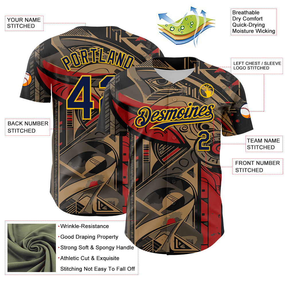 Custom Black Navy-Yellow 3D Pattern Design Burner Costumes Abstract Shape Authentic Baseball Jersey