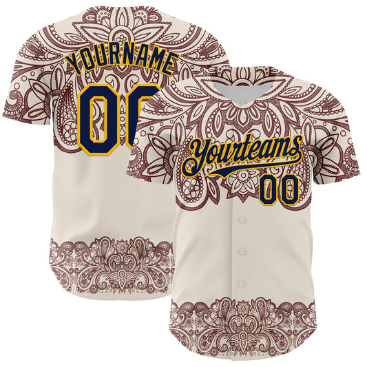 Custom Cream Navy Red-Yellow 3D Pattern Design Burner Costumes Paisley Bandana Authentic Baseball Jersey