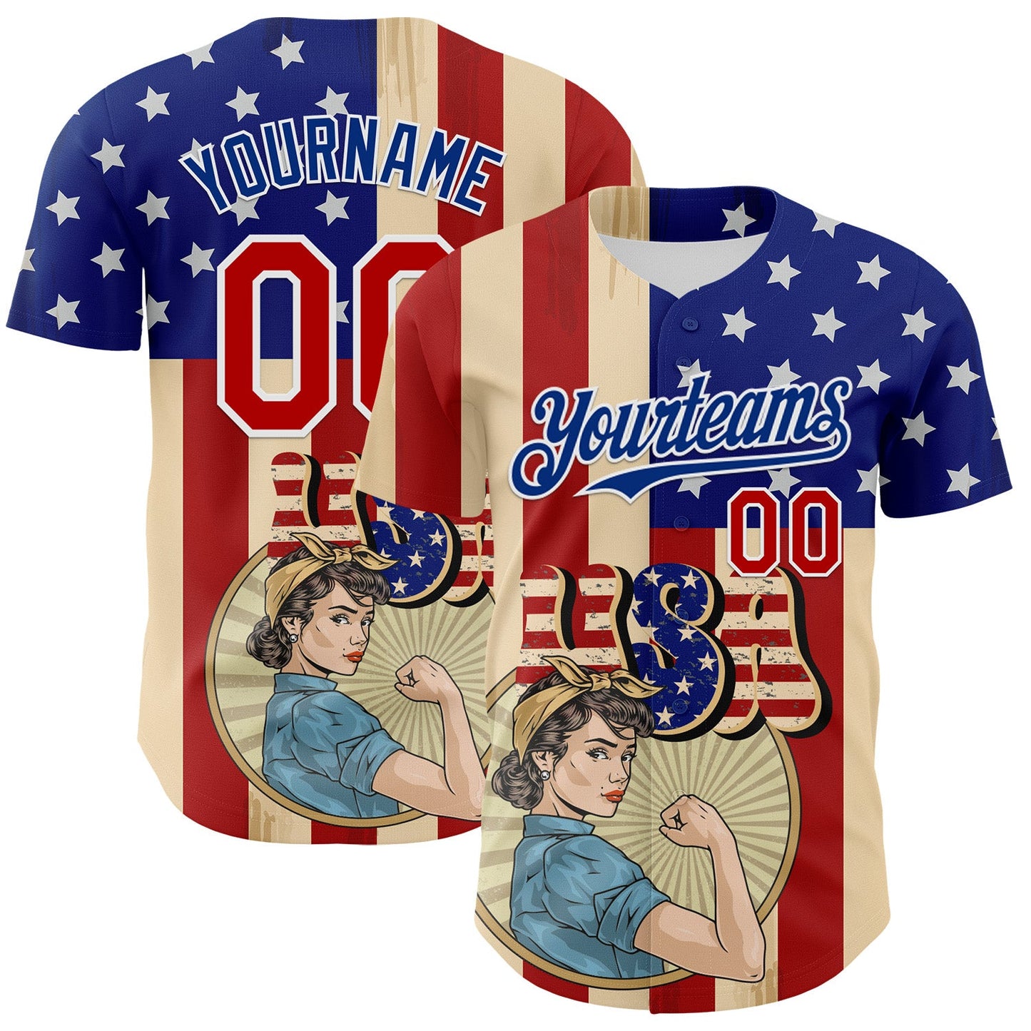 Custom Cream Red Royal-White 3D Retro American Flag Authentic Baseball Jersey