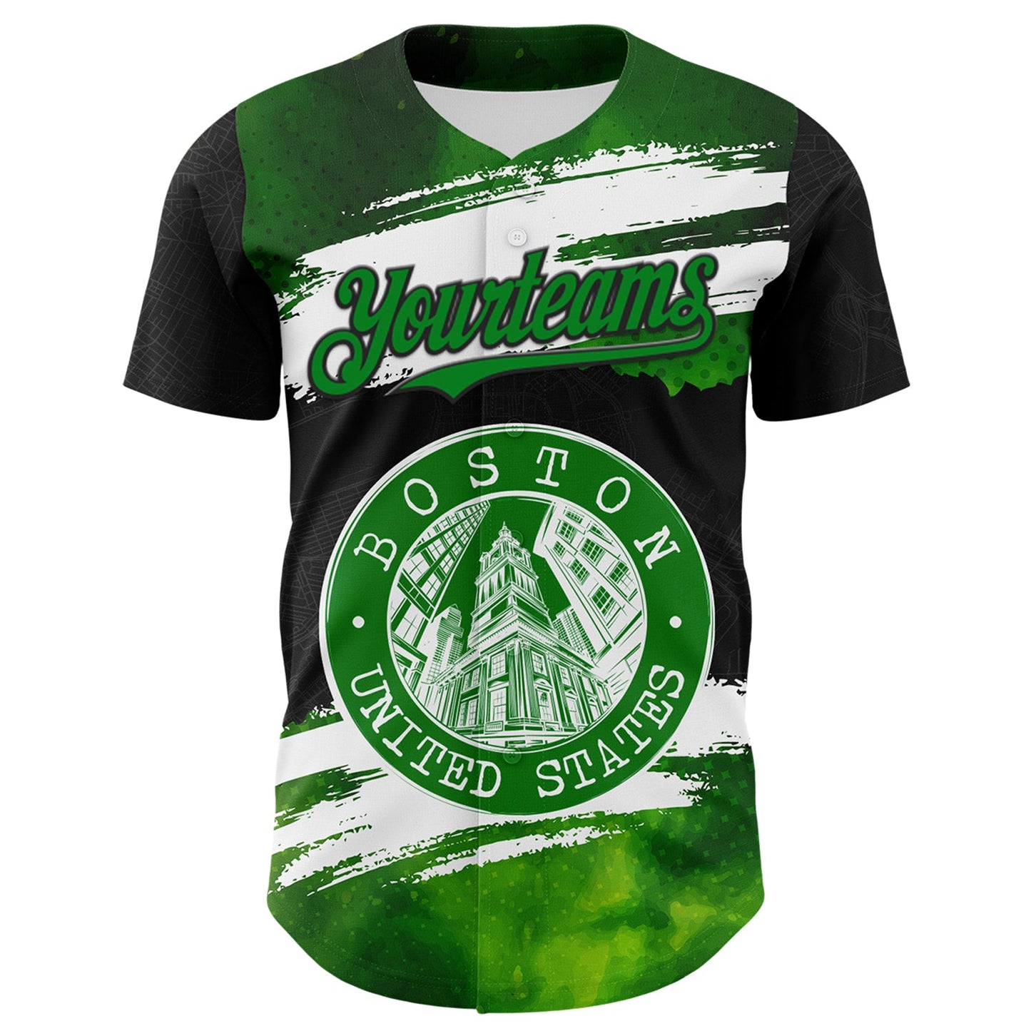 Custom Black Grass Green-White 3D Pattern Design Boston Cityscape Stamp Authentic Baseball Jersey