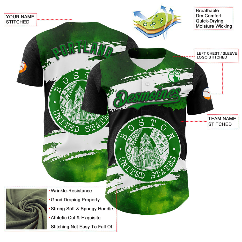 Custom Black Grass Green-White 3D Pattern Design Boston Cityscape Stamp Authentic Baseball Jersey