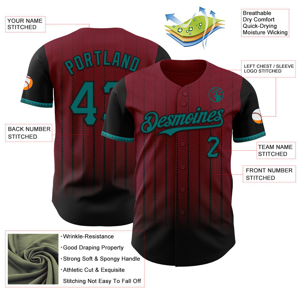Custom Crimson Teal-Black 3D Pattern Design Gradient Geometric Shape Authentic Baseball Jersey