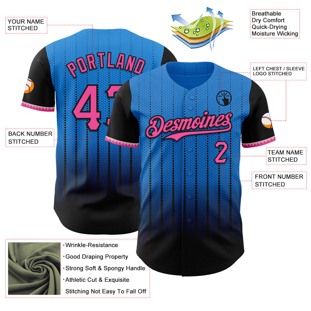 Custom Electric Blue Pink-Black 3D Pattern Design Gradient Geometric Shape Authentic Baseball Jersey