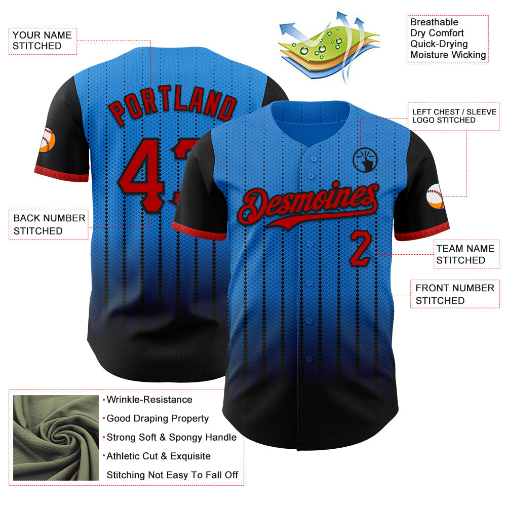 Custom Electric Blue Red-Black 3D Pattern Design Gradient Geometric Shape Authentic Baseball Jersey