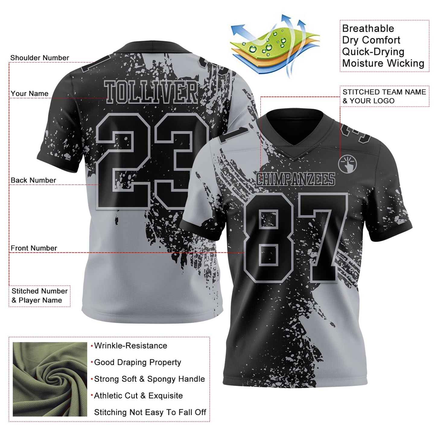 Custom Black Gray 3D Pattern Abstract Brush Stroke Authentic Football Jersey