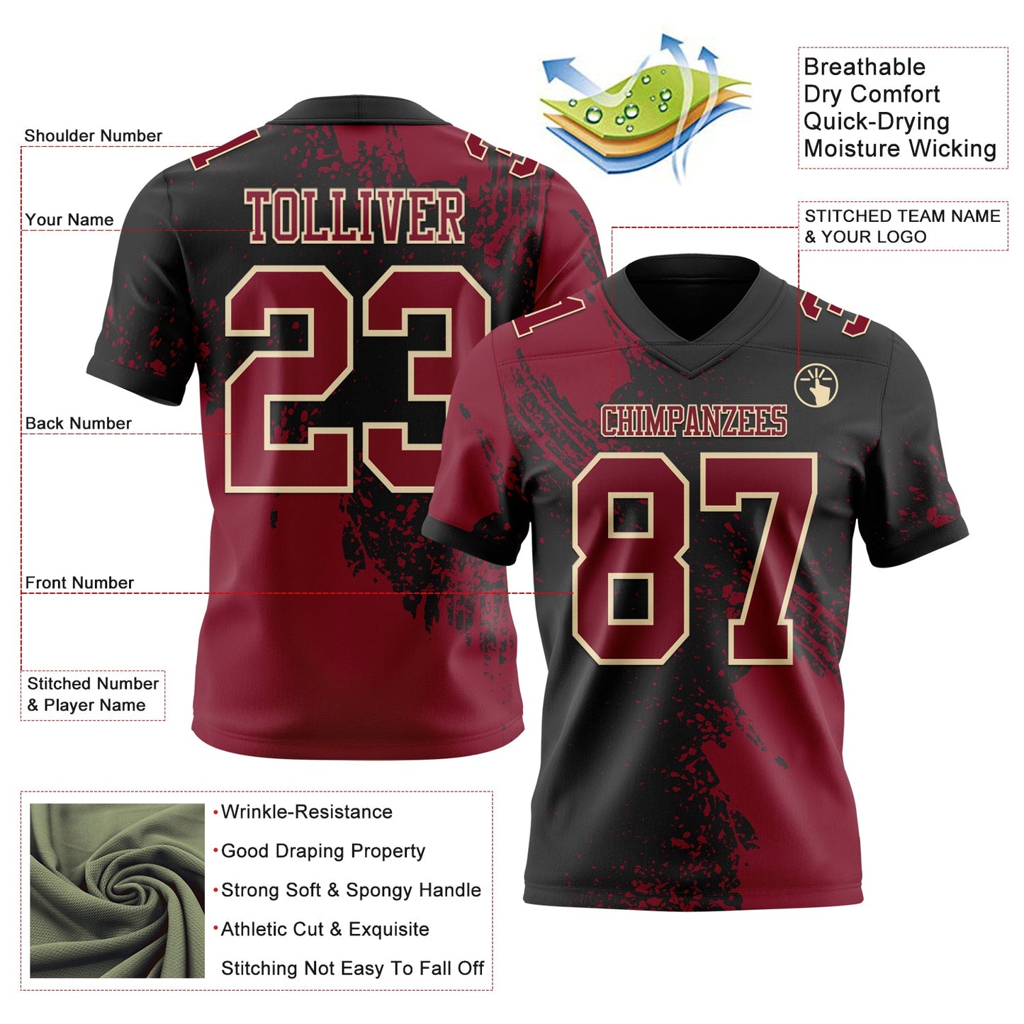 Custom Black Crimson-Cream 3D Pattern Abstract Brush Stroke Authentic Football Jersey