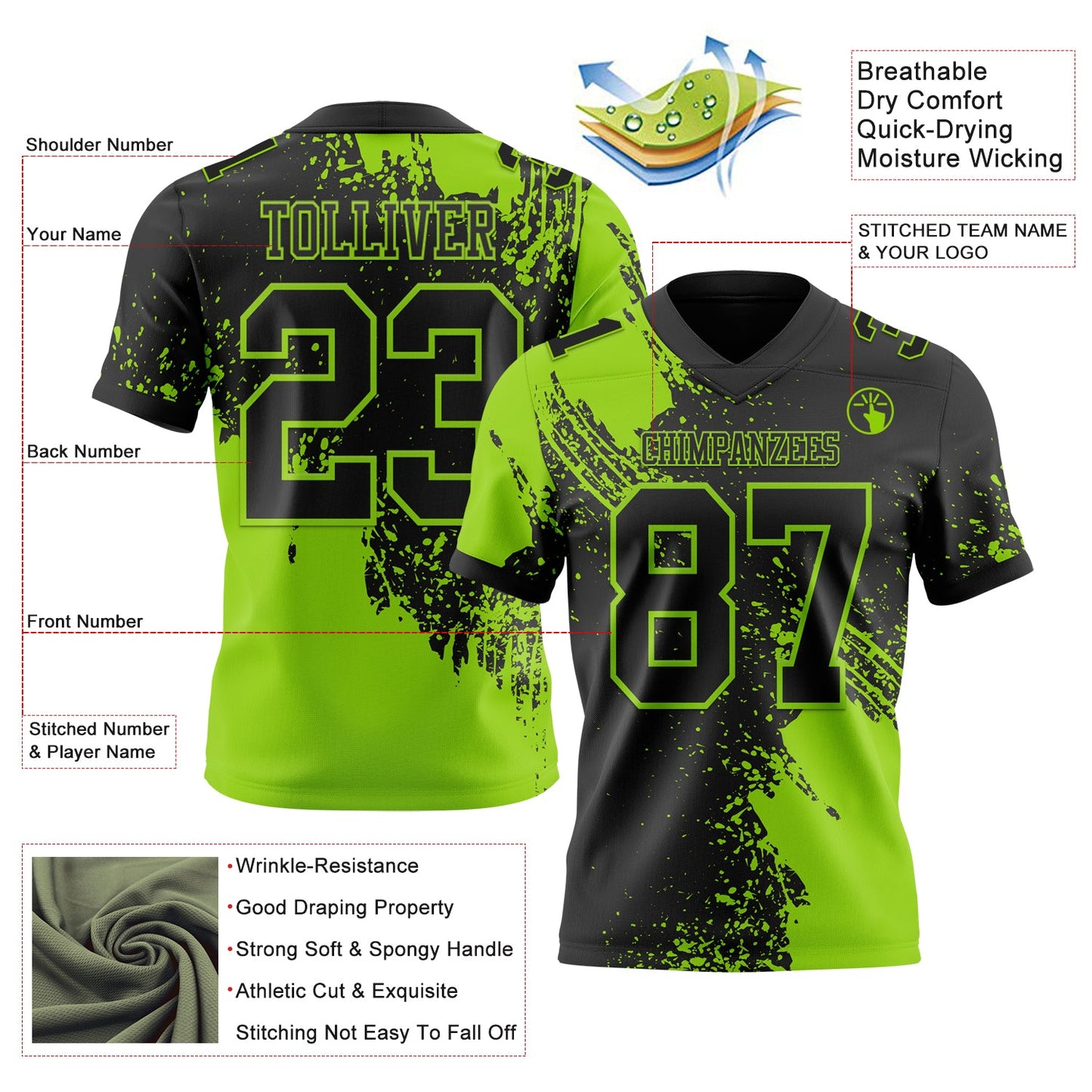 Custom Black Neon Green 3D Pattern Abstract Brush Stroke Authentic Football Jersey