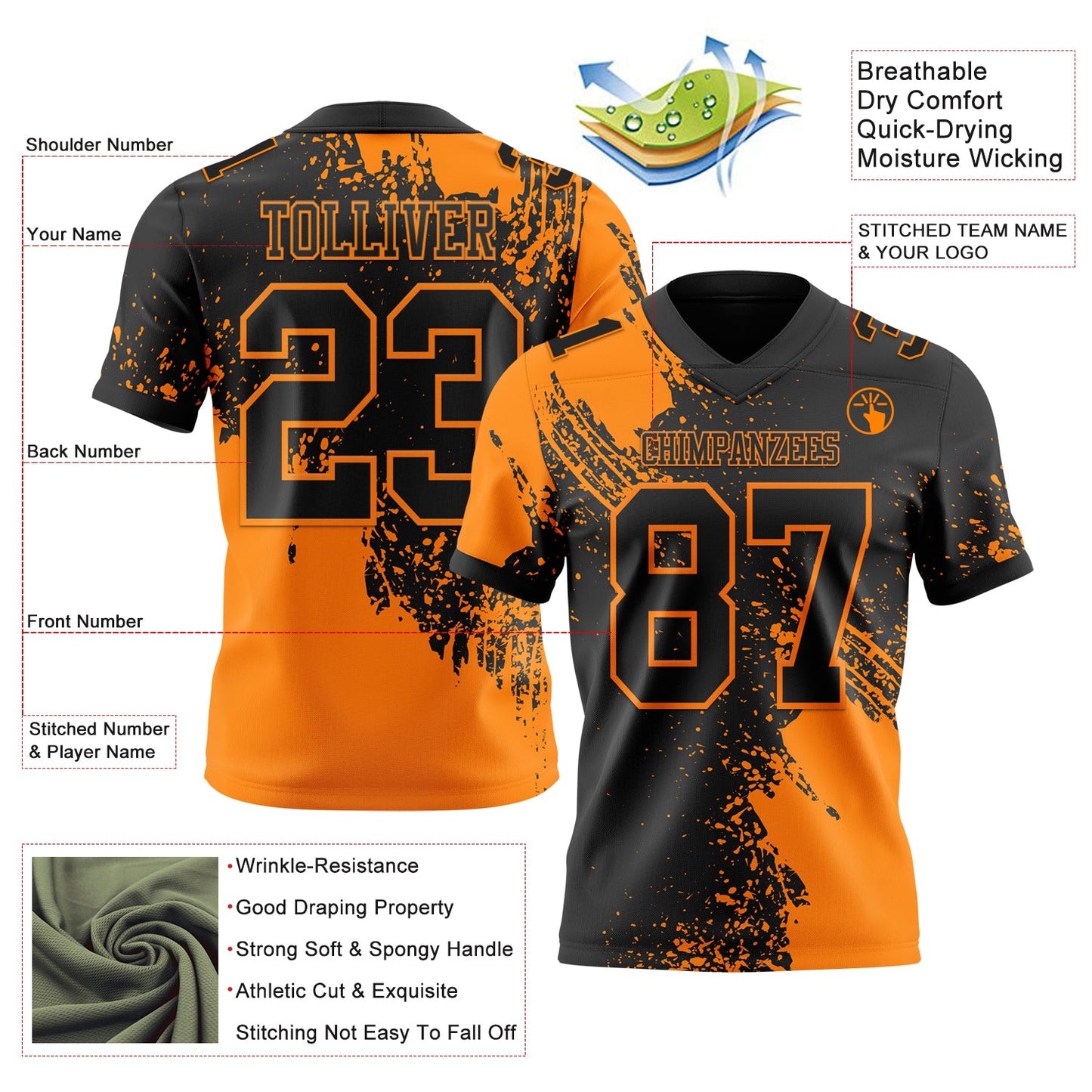 Custom Black Bay Orange 3D Pattern Abstract Brush Stroke Authentic Football Jersey