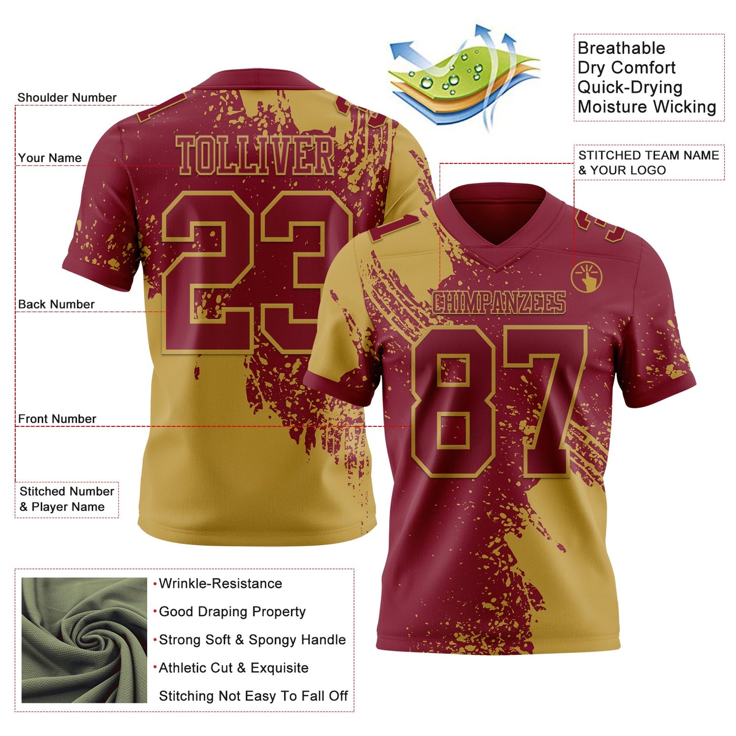 Custom Crimson Old Gold 3D Pattern Abstract Brush Stroke Authentic Football Jersey