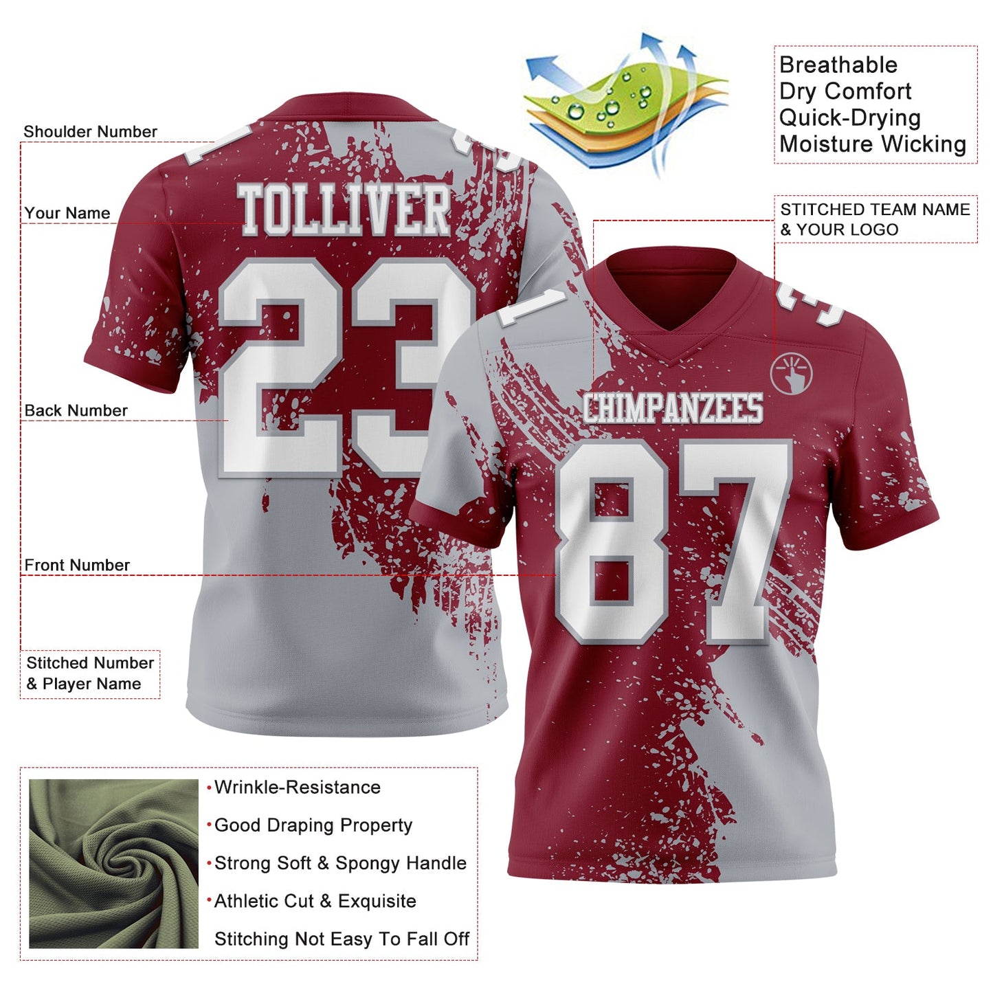 Custom Crimson White-Gray 3D Pattern Abstract Brush Stroke Authentic Football Jersey