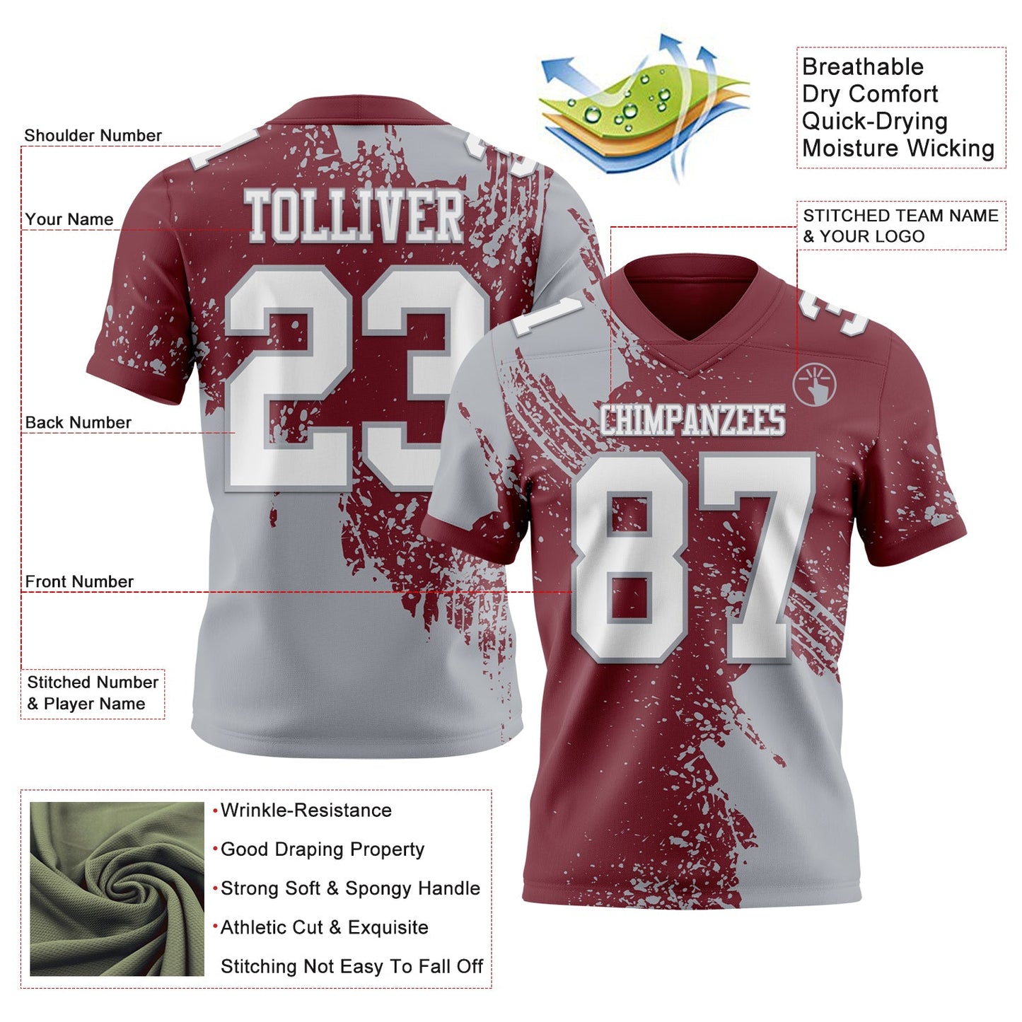 Custom Burgundy White-Gray 3D Pattern Abstract Brush Stroke Authentic Football Jersey