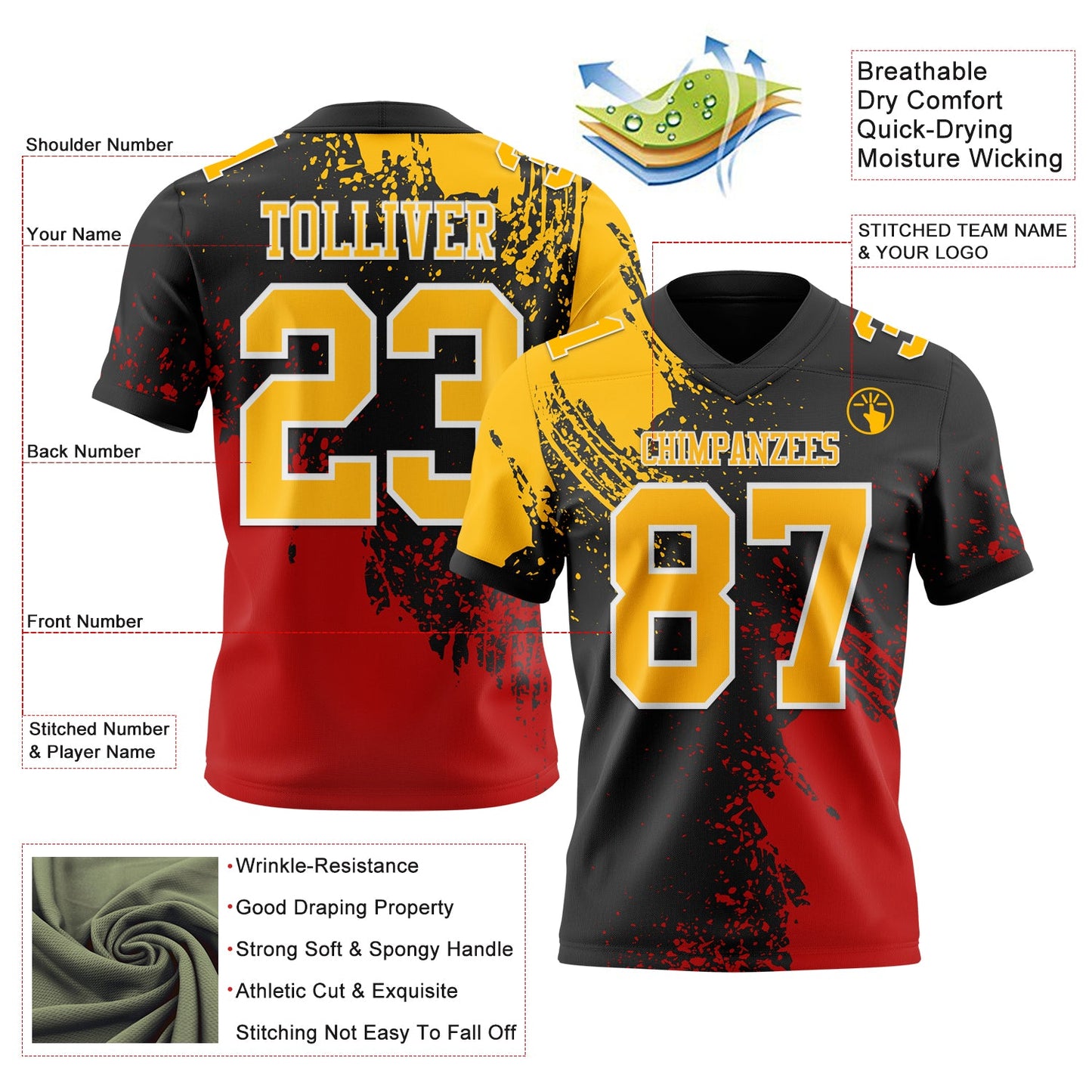 Custom Black Gold Red-White 3D Pattern Abstract Brush Stroke Authentic Football Jersey