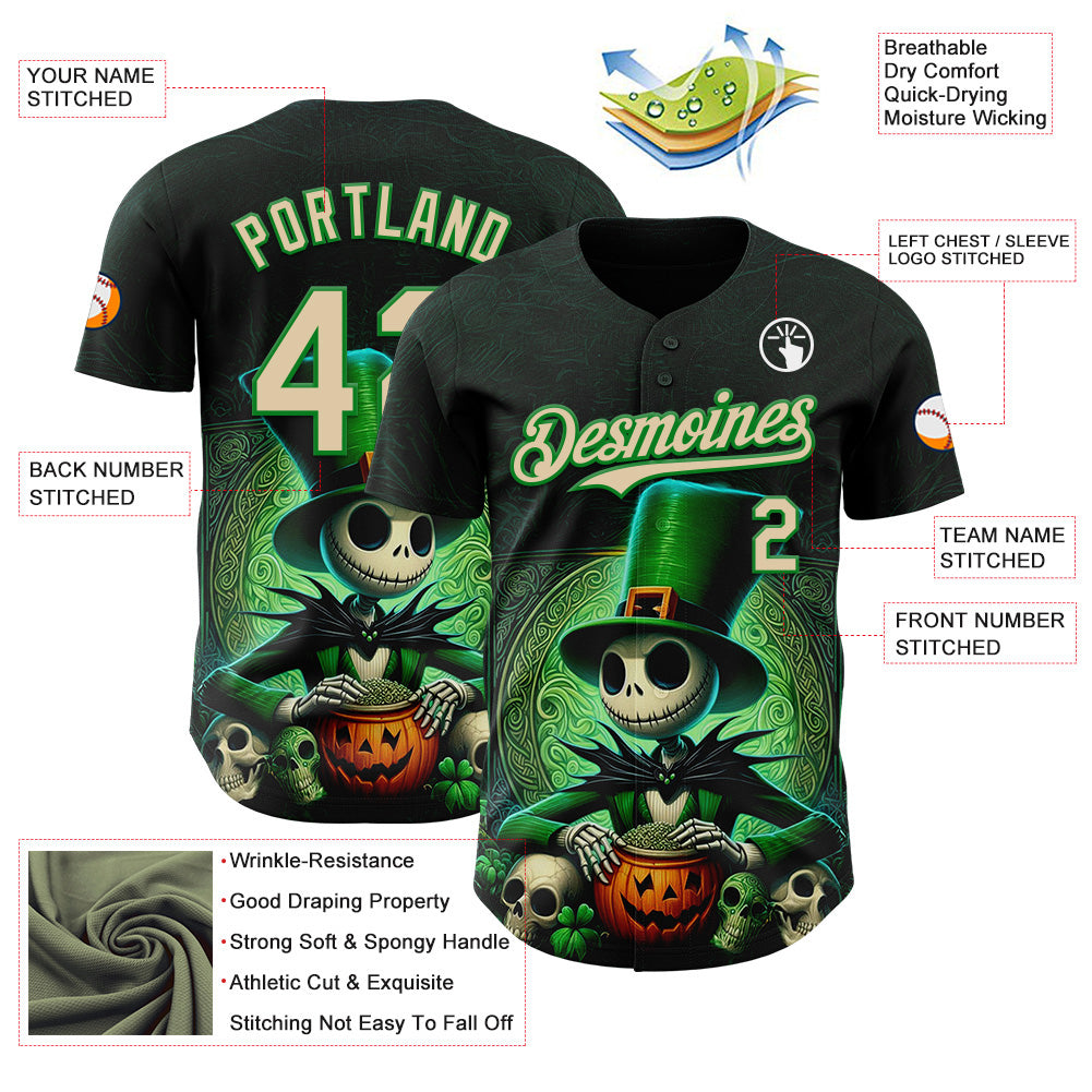 Custom Black City Cream-Grass Green 3D Halloween Spooky Pumpkin Authentic Baseball Jersey