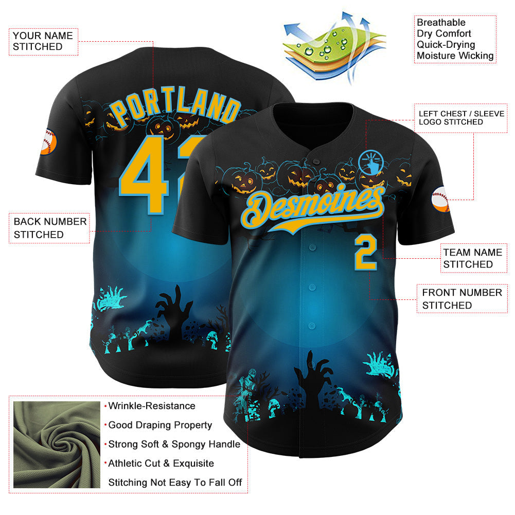 Custom Black Gold-Sky Blue 3D Halloween Spooky Pumpkin Zombies Authentic Baseball Jersey
