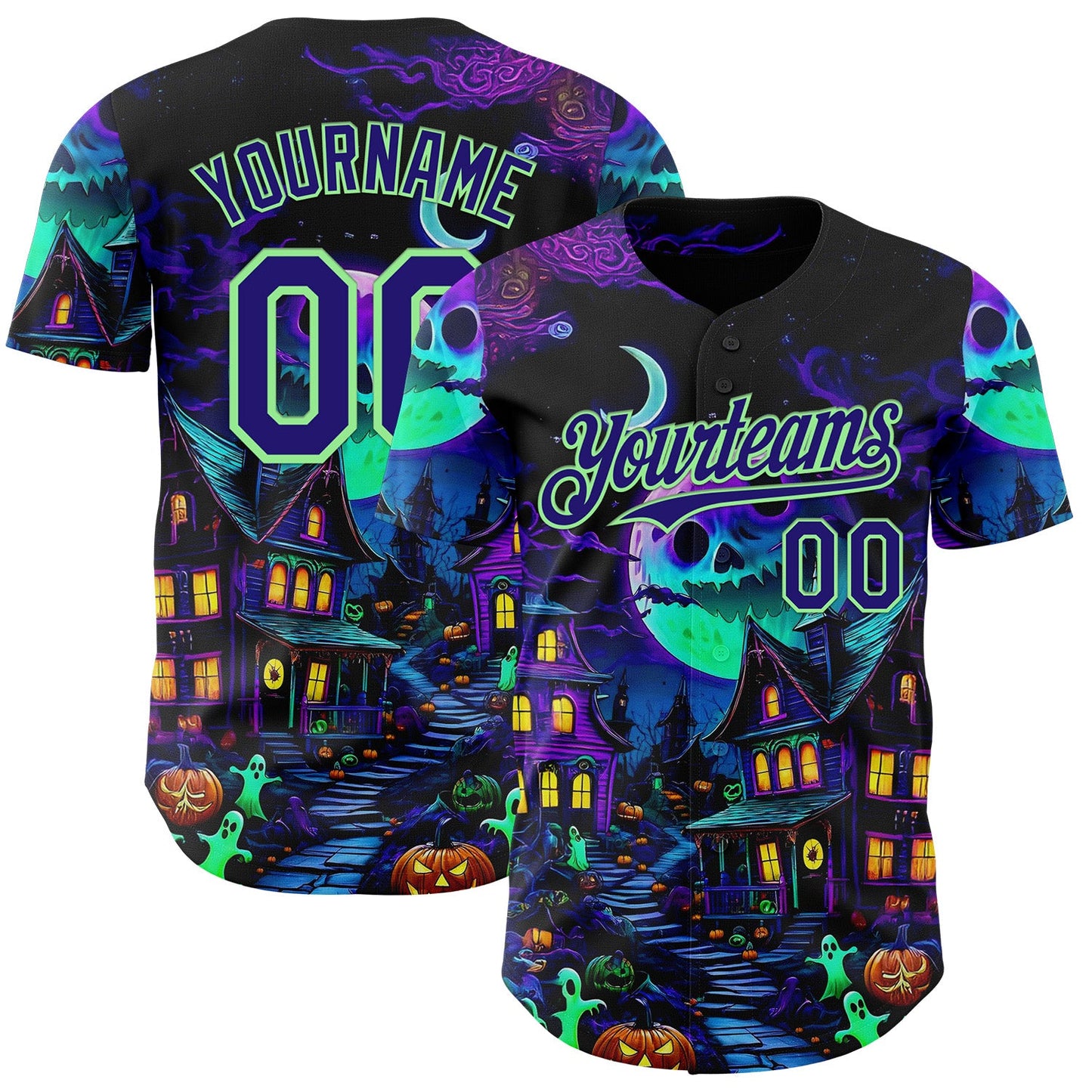 Custom Black Dark Purple-Pea Green 3D Halloween Spooky Pumpkin Authentic Baseball Jersey